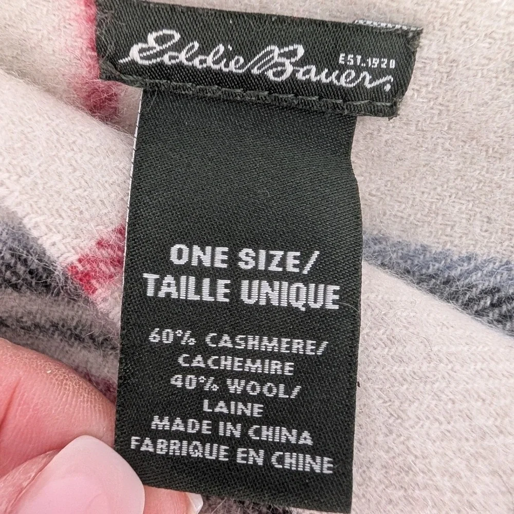 Eddie Bauer Scarf OS Cream Tartan Plaid Cashmere Wool Fringe Heritage Cabin Prep